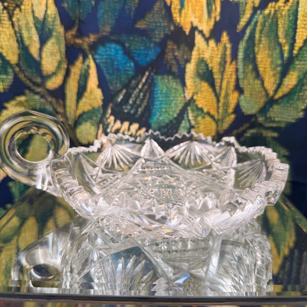 Antique American Brilliant Period Cut Glass Nappy Bowl Hobstar Sawtooth Handle